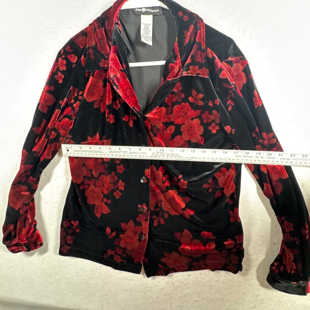 VTG Y2K Button Up Shirt Women Large Black Red Floral Velvet Goth Whimsigoth - Picture 5 of 10
